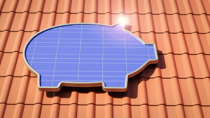 3D render: A solar panel in the form of a piggybank on a roof. Concept for saving money with your...