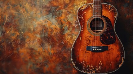 An acoustic guitar with a weathered vintage feel set against a textured, abstract rusty background, invoking a sense of nostalgia and music's timeless nature