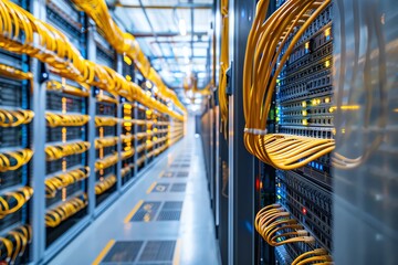 Fototapeta premium Modern data center with server racks and numerous yellow cables, showcasing advanced networking infrastructure and technology.