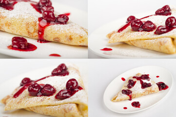 Pancakes, crepes, with cherries, closeup of healthy breakfast.