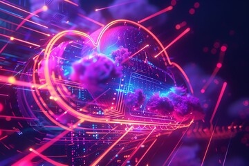 Obraz premium Futuristic cloud computing concept with neon lights, digital data flow, and vibrant colors representing the digital transformation.