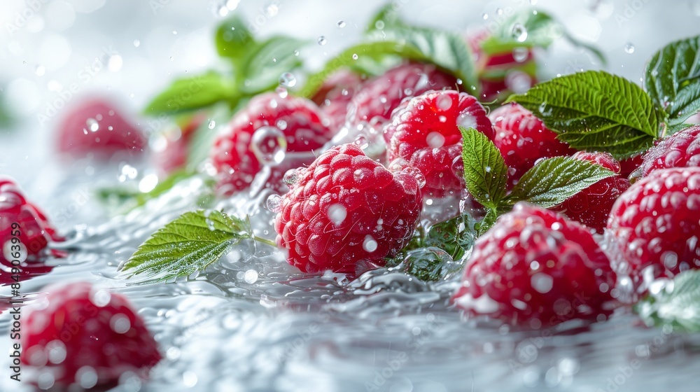 Sticker Macro shot of fresh, ripe raspberries with bright green leaves, water splashes add a dynamic and refreshing feeling