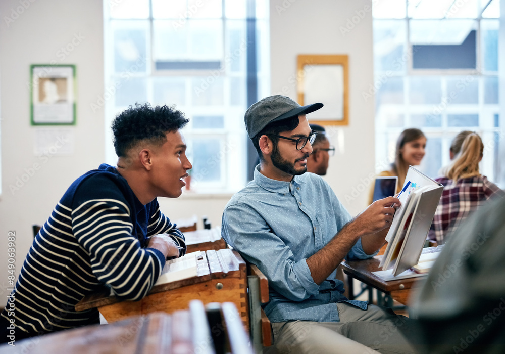 Fototapete Students, learning and notebook for university as group in college or school in class for assignment. Teamwork, people and collaboration with reading notes for exam, project or tutorial for science