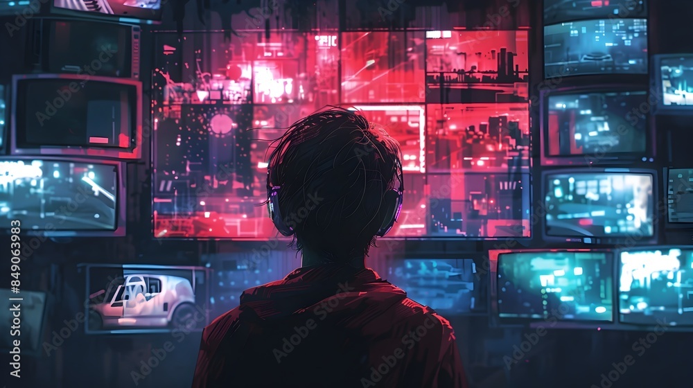 Poster hacker manipulating live video feed to create false narrative cyber security concept with copy space