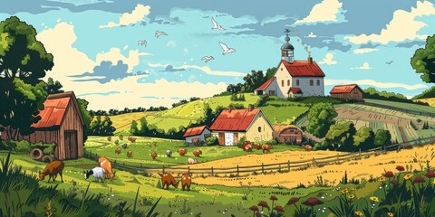 Colorful Cartoon Farm in a Sunny Landscape