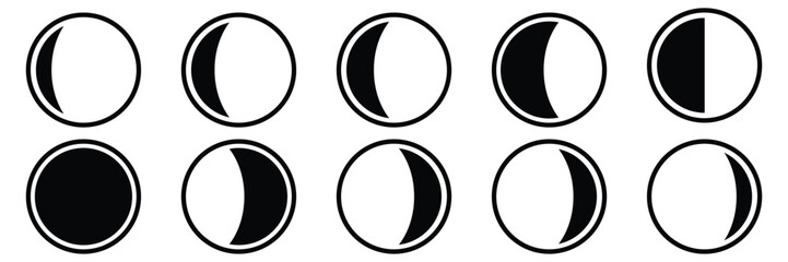 Moon crescent half moon icon set. Different shapes of moon. Vector Illustration.