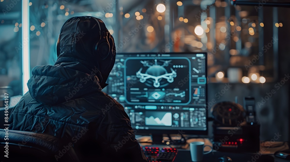 Poster hacker utilizing drone to gather real time data and analyze onscreen information