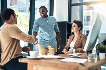 Fototapeta premium Handshake, agreement and people in meeting with negotiation, b2b or business contract for onboarding. Greeting, shaking hands and interview or welcome, collaboration or teamwork with thank you