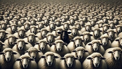 Obraz premium A mesmerizing image of a large flock of sheep, all closely packed together with thick, fluffy wool. One black sheep stands prominently towards the front, creating a striking contrast.
