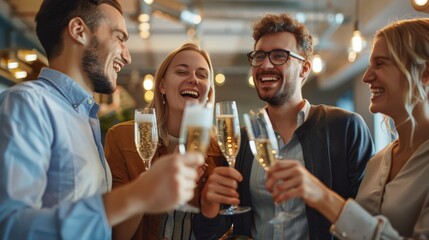 Team Celebration with Champagne: Commemorating Successful Project Completion and Achievements