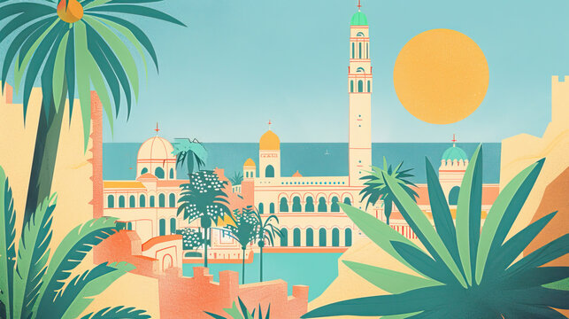 Risograph print travel poster, card, wallpaper or banner illustration, modern, isolated, clear and simple of Oran, Algeria. Artistic, stylistic, screen printing, stencil digital duplication