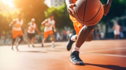 A young male basketball player dribbling the ball on an outdoor basketball court in action.