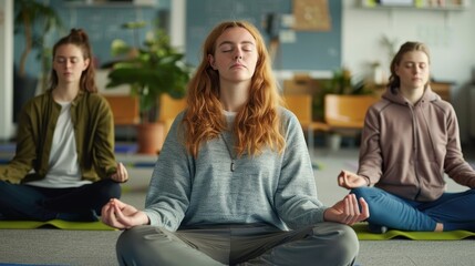 Group Meditation Session in Peaceful Office Environment: Enhancing Focus and Employee Well-being
