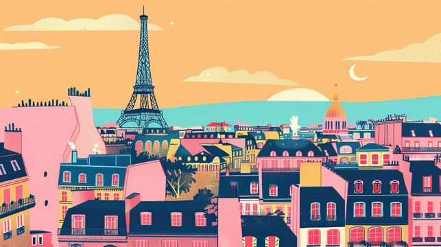 Risograph print travel poster, card, wallpaper or banner illustration, modern, isolated, clear and simple of Paris, France. Artistic, stylistic, screen printing, stencil digital duplication