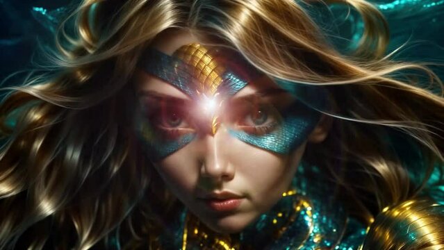 Digital artwork of female character mermaid with golden and blue scales, her hair blowing in water and eyes glowing blue, fairytale action movement of magical transformation of woman into reptile fish