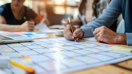 HR Department Planning Session with Large Calendar: Organizing Strategies for Employee Management and Growth
