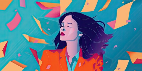 Stressed Businesswoman with Papers Flying Around