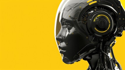 Black robotic head against yellow background