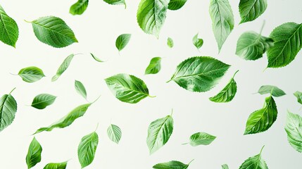 Green leaves flying in the air on white background. 