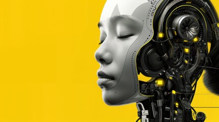 Detailed view of robotic head on yellow