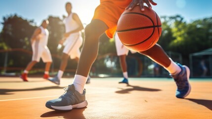 A young male basketball player dribbling the ball on an outdoor basketball court in action.