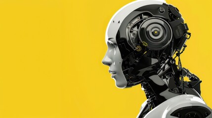 Robotic head profile on yellow background