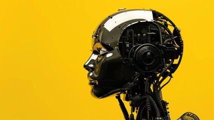 Reflective robotic head on yellow