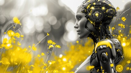 Robot in a field of yellow flowers with blurred face