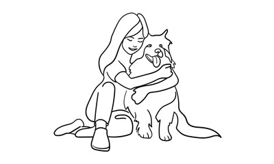 Girl hugging her dog continuous line art drawing isolated on white background. Vector illustration