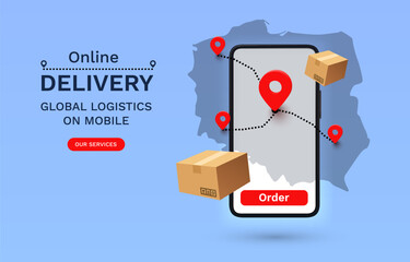 Online Delivery global logistics on mobile, delivery within the Poland. Vector illustration