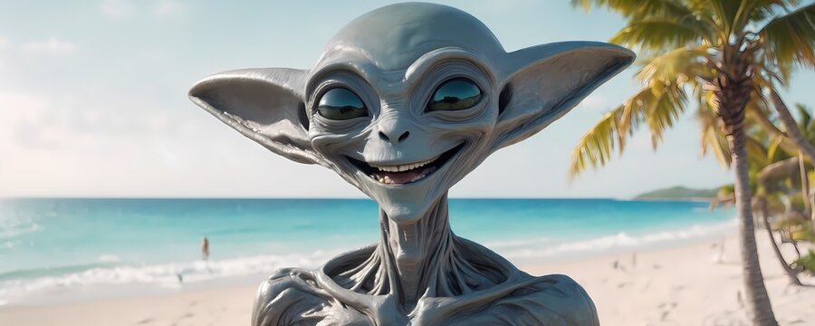 Smiling humanoid grey alien at the beach with sea in background. Extremely detailed and realistic high resolution illustration