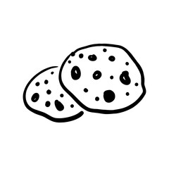 Chocolate chip cookies line sketch. Black line vector hand drawn illustration isolated on white background.