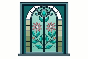 Steel Window with Floral Design,architecture, entrance, glass, wall, interior, wooden, doorway, illustration, room, design, open, front, vector, building, doors, old, closed, 