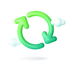3d green ecology icon. Blue eco template with arrows recycle symbol . Renewable sources concept, reuse, refresh, sustainable energy, saving green planet . Repeat round arrow. Vector illustration