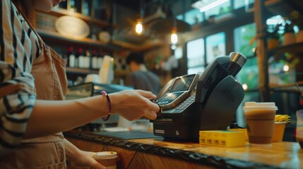 Photo of close-up hand of Asian woman working in a small coffee shop, shop owner using cashless wifi paywave nfc scanning app smart pos reader sales in ordering food drinks in life