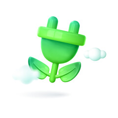 3d green energy template. Concept environmental ecology, renewable, sustainable energy sources. Green electric charge plug on blue background
