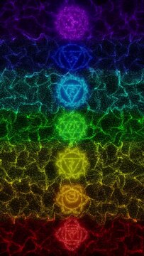cyclic 3D rendering. chakras in esotericism. the glowing particles scatter in different directions