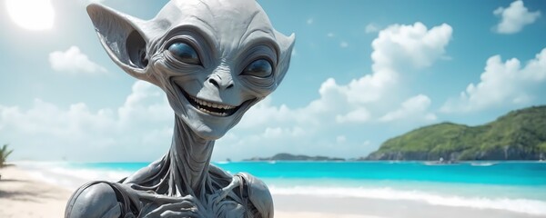 Smiling humanoid grey alien at the beach with sea in background. Extremely detailed and realistic high resolution illustration