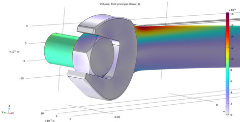 Investigation of properties of wrench and bolt model. 3D modeling and analysis using computer aided design system. First principal strain. Technical drawing. Color graph of surface with grid. © TKalinovskaya