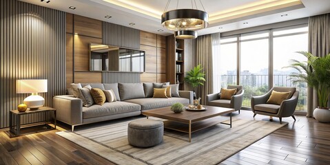 Modern Living Room with Large Windows and Wood Accents