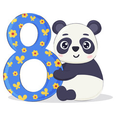 Panda bear character with number eight. Child eighth birthday postcard, party invitation design elements