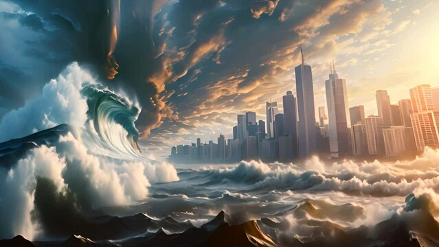 natural disaster A city flooded by giant waves and stormy seas.