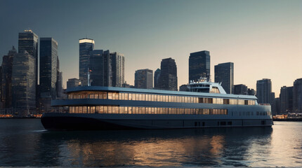 Obraz premium Rendering of a ferry approaching a dock in a port with numerous urban buildings in the background