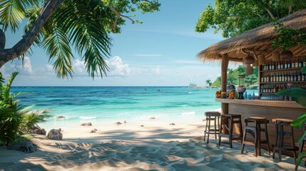 A beach with a wooden bar and a view of the ocean