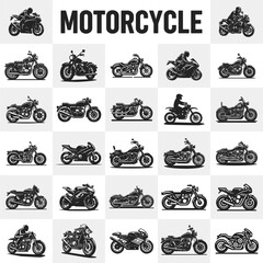 Black and White Motorcycle Vector Bundle. Motorcycle mega set Silhouette