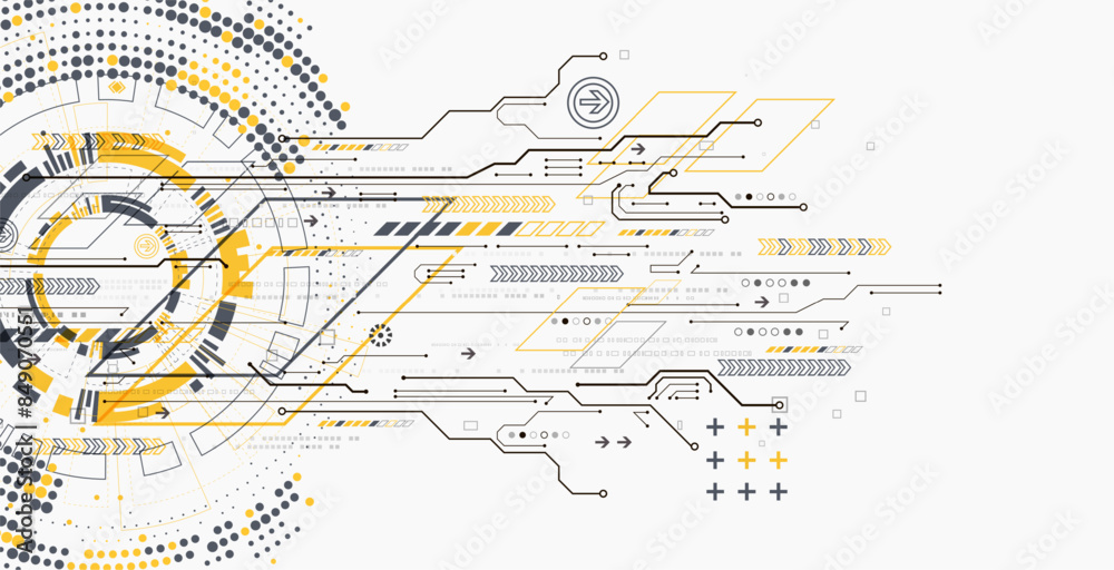 Poster Scientific and technological concept with the use of technical elements formed in the shape of a circle. Vector illustration.