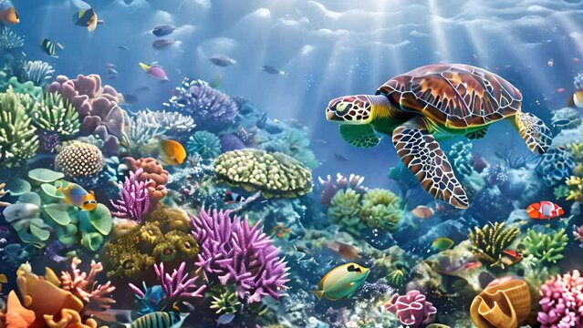 Underwater turtle life with colorful coral reefs, sea life fish and plants on the seabed background. Colorful coral reef landscape in the deep ocean