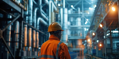 Industrial worker in a hard hat, observing machinery in a manufacturing factory, highlighting industrial work environments.