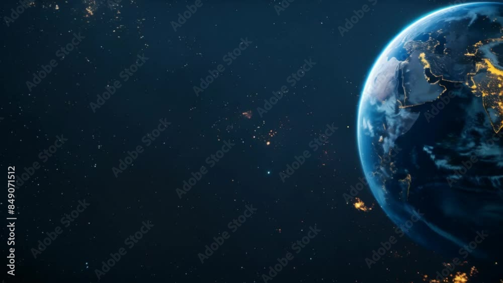Poster High-resolution image of Earth from space with visible city lights on the night side. Stunning view of our planet and the vastness of the universe concept. Ideal for global connectivity and space expl