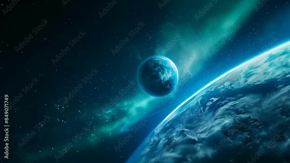 Poster Beautiful view of Earth and the moon with the Northern Lights in the background. Stunning representation of our planet and celestial phenomena concept. Ideal for space exploration and astronomical the